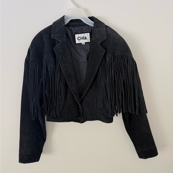 Vintage Jackets & Blazers - Vintage 1980s Womens Black Suede Leather Jacket Size S Fringe Biker Western Goth